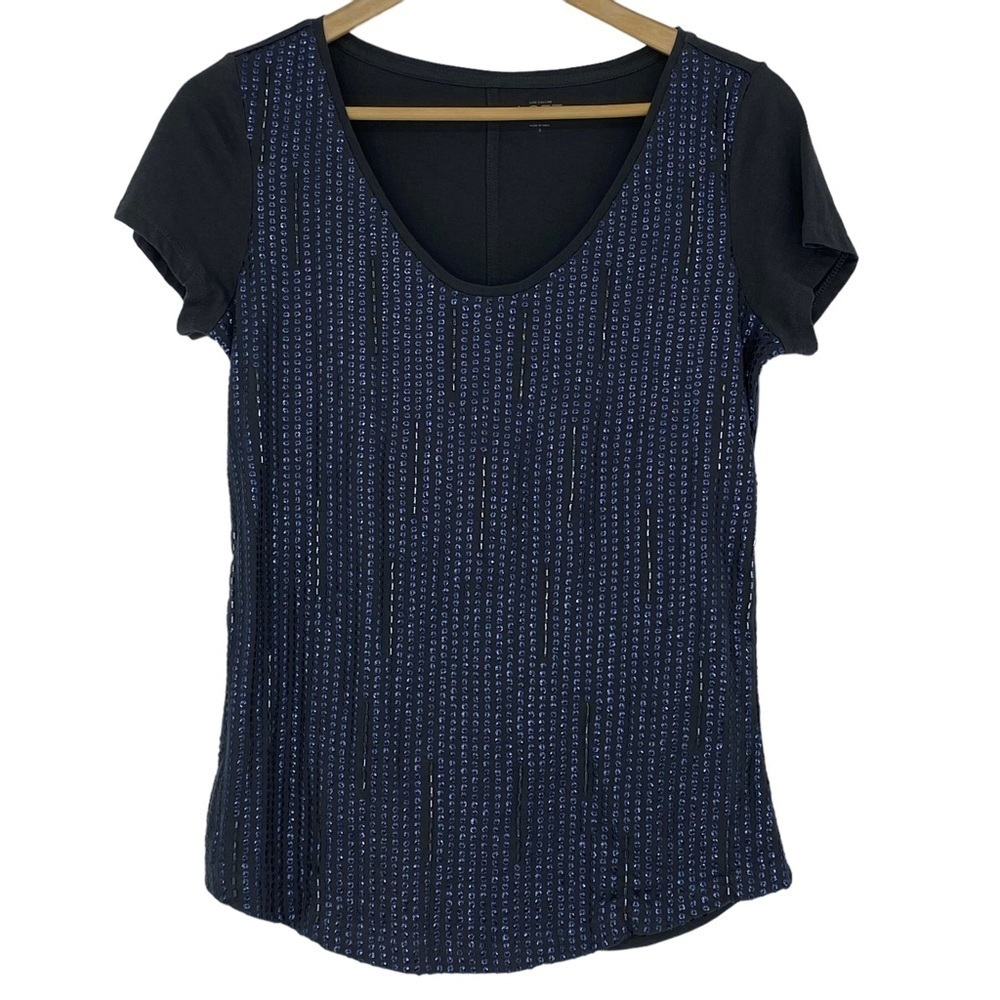 NWT Loft Sequin Metallic Beaded Detailed V Neck Short Sleeve Top, Sz Small